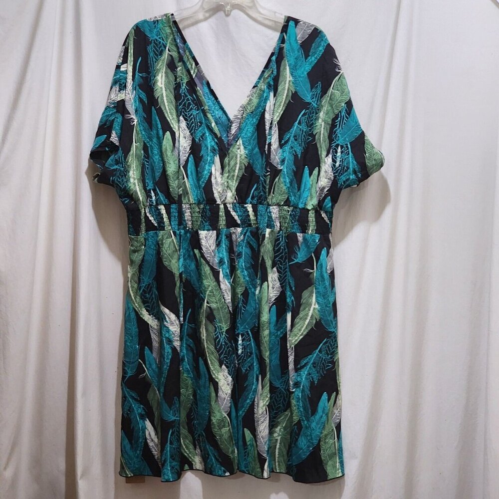 Shein Curve Frenchy Multicolor Leaf Print Dress V-Neck S/S Elastic Waist 4XL New